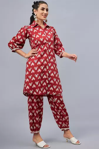 Winered woman rust ikat printed front opening co-ord set