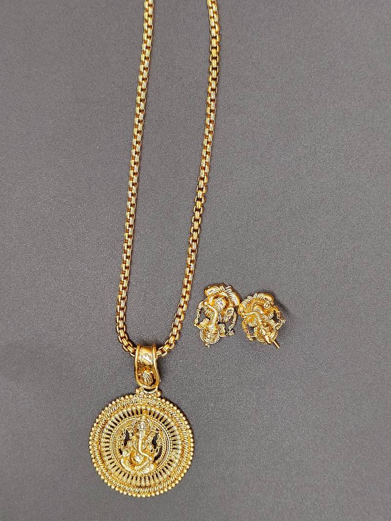 BEAUTIFUL GOLD PLATED GANESH PENDANT SET WITH EARRING | TEMPLE JEWELLERY