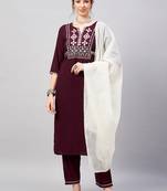 Winered woman burgundy  mirror embroidered kurta dupatta set