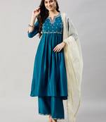 Winered woman peacock blue with neck embroidery flared kurta set with dupatta