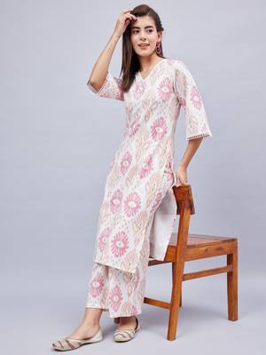 Winered woman white geometric print neck lace detailing kurta set 2
