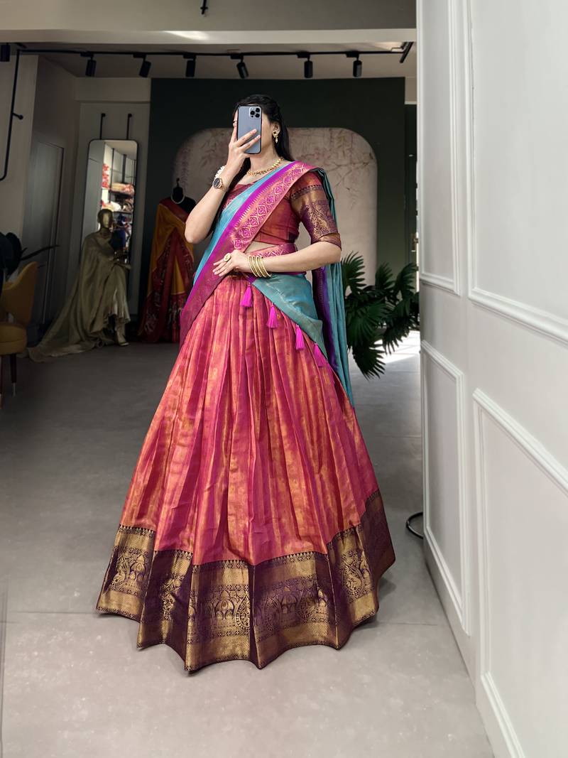 Blue Zari Weaving and Sequins Embroidered Kanjivaram Lehenga Choli