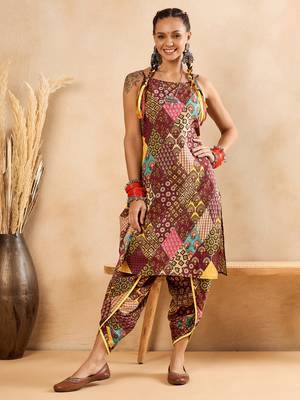 Winered woman maroon print strap kurta & dhoti co-ord set 1
