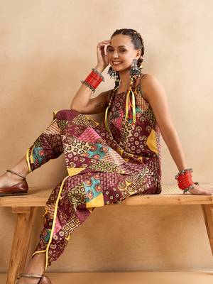 Winered woman maroon print strap kurta & dhoti co-ord set 2