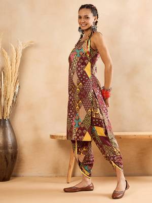 Winered woman maroon print strap kurta & dhoti co-ord set 3