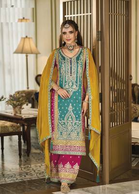 Multi  Self Design Bollywood SILK SALWAR SUITS  4