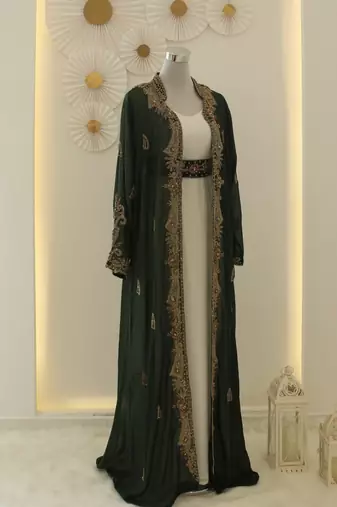 Green & White Kaftan Handcrafted Georgette Elegance Work Party Wear Fully Stitched Dresses