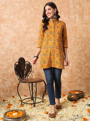 Mustard yellow and green ajarakh printed tunic 1