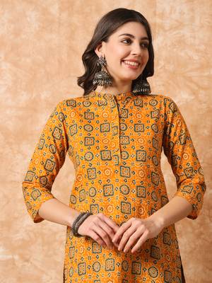 Mustard yellow and green ajarakh printed tunic 2