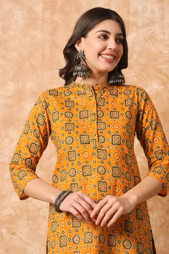 Mustard yellow and green ajarakh printed tunic