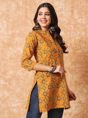 Mustard yellow and green ajarakh printed tunic 4