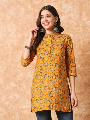 Mustard yellow and green ajarakh printed tunic 5