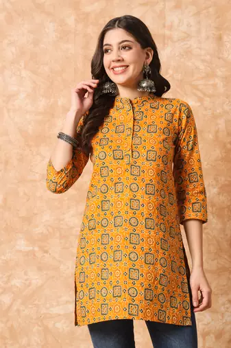Mustard yellow and green ajarakh printed tunic