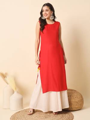 Red solid round neck sleeveless straight calf length kurta 1