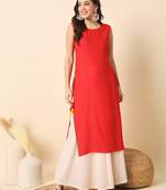 Red solid round neck sleeveless straight calf length kurta