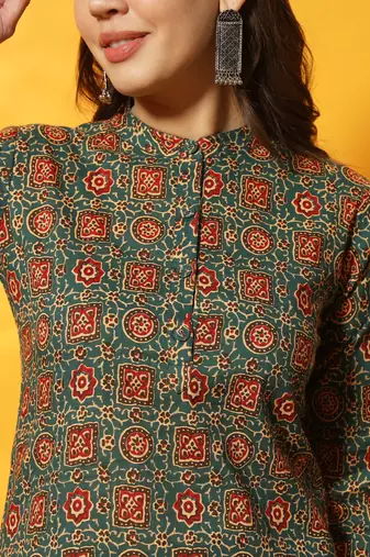 Pine green and red ajarakh printed tunic