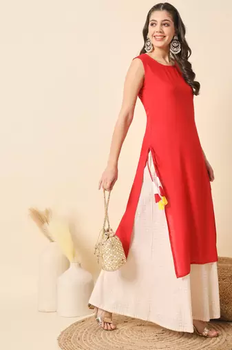 Red solid round neck sleeveless straight calf length kurta