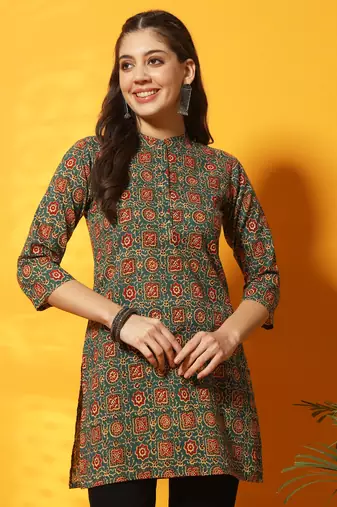 Pine green and red ajarakh printed tunic