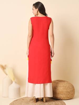 Red solid round neck sleeveless straight calf length kurta 4