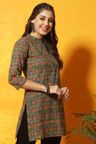 Pine green and red ajarakh printed tunic