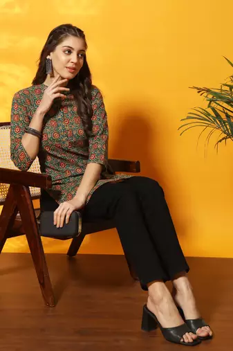 Pine green and red ajarakh printed tunic