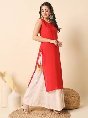 Red solid round neck sleeveless straight calf length kurta 5