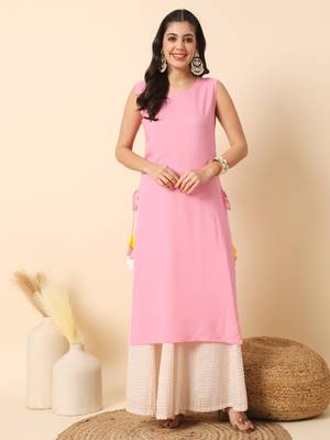 Baby pink solid round neck sleeveless straight calf length kurta 1