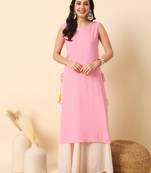Baby pink solid round neck sleeveless straight calf length kurta