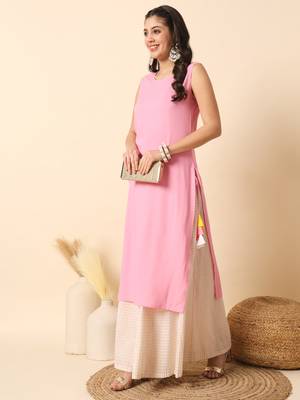 Baby pink solid round neck sleeveless straight calf length kurta 3
