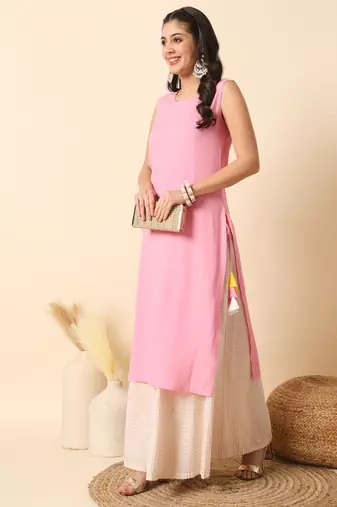 Baby pink solid round neck sleeveless straight calf length kurta