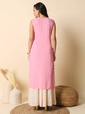 Baby pink solid round neck sleeveless straight calf length kurta 4