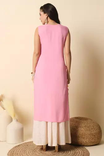 Baby pink solid round neck sleeveless straight calf length kurta