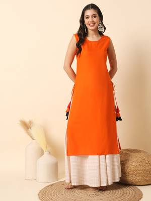 Orange solid round neck sleeveless straight calf length kurta 1