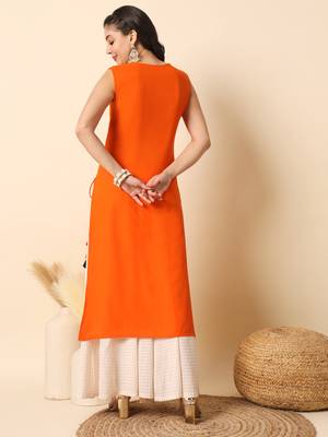 Orange solid round neck sleeveless straight calf length kurta 4