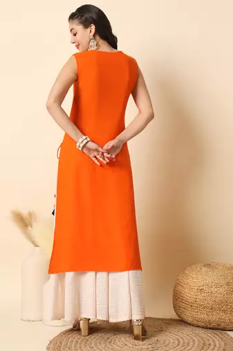 Orange solid round neck sleeveless straight calf length kurta