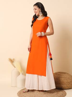 Orange solid round neck sleeveless straight calf length kurta 5
