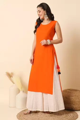 Orange solid round neck sleeveless straight calf length kurta