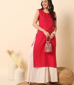 Magenta pink solid round neck sleeveless straight calf length kurta