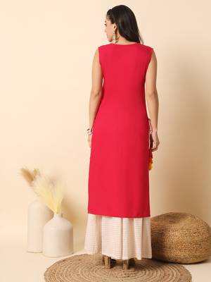 Magenta pink solid round neck sleeveless straight calf length kurta 4
