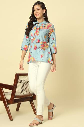 Women sky blue abstract printed top