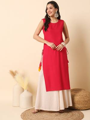 Magenta pink solid round neck sleeveless straight calf length kurta 5