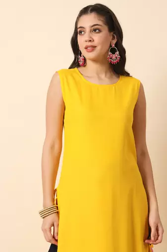 Mango yellow solid round neck sleeveless straight calf length kurta