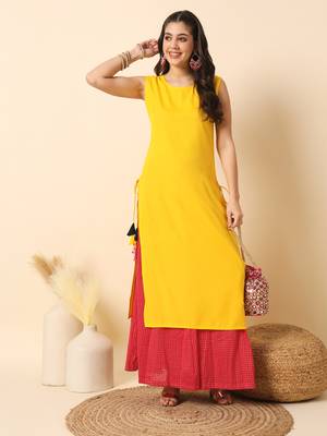 Mango yellow solid round neck sleeveless straight calf length kurta 3