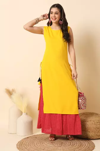 Mango yellow solid round neck sleeveless straight calf length kurta