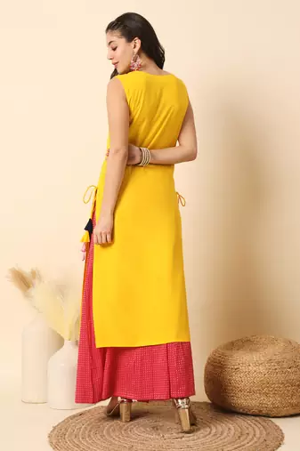 Mango yellow solid round neck sleeveless straight calf length kurta