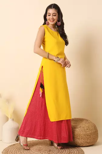 Mango yellow solid round neck sleeveless straight calf length kurta