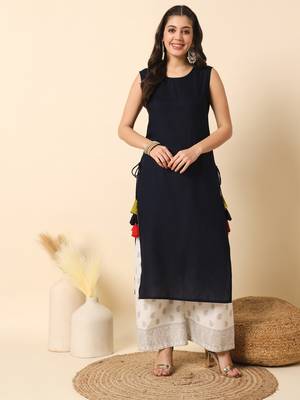 Navy bluesolid round neck sleeveless straight calf length kurta 1