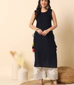 Navy bluesolid round neck sleeveless straight calf length kurta