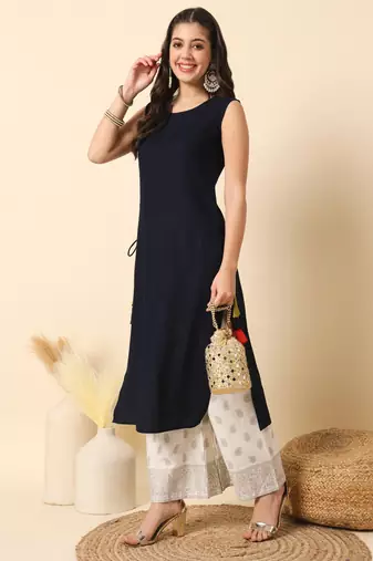 Navy bluesolid round neck sleeveless straight calf length kurta