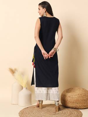 Navy bluesolid round neck sleeveless straight calf length kurta 4